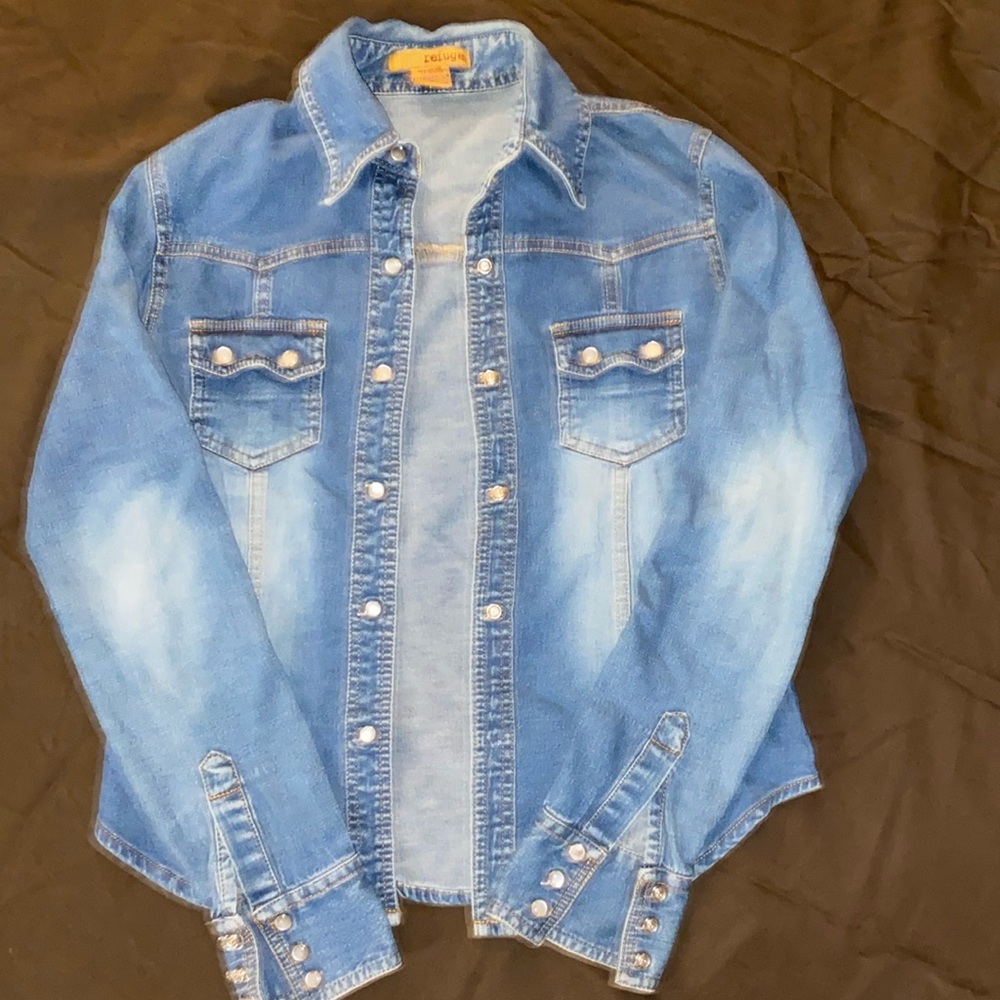 Blue jeans distressed long sleeve shirt. Size small. refuge